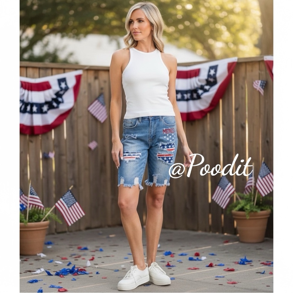 TRES CHIC patriotic distressed denim blend biker shorts S M L